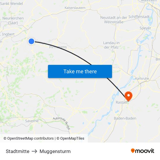Stadtmitte to Muggensturm map