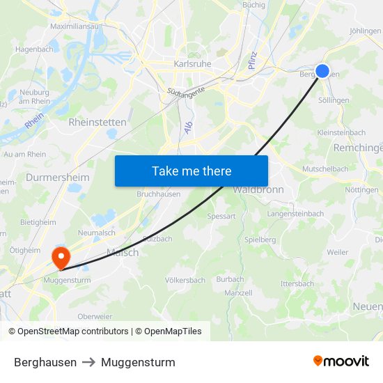 Berghausen to Muggensturm map