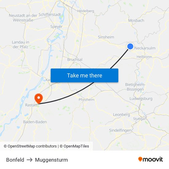Bonfeld to Muggensturm map