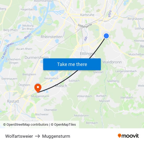Wolfartsweier to Muggensturm map