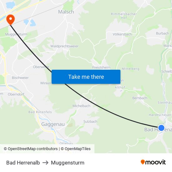 Bad Herrenalb to Muggensturm map