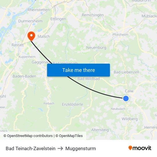 Bad Teinach-Zavelstein to Muggensturm map