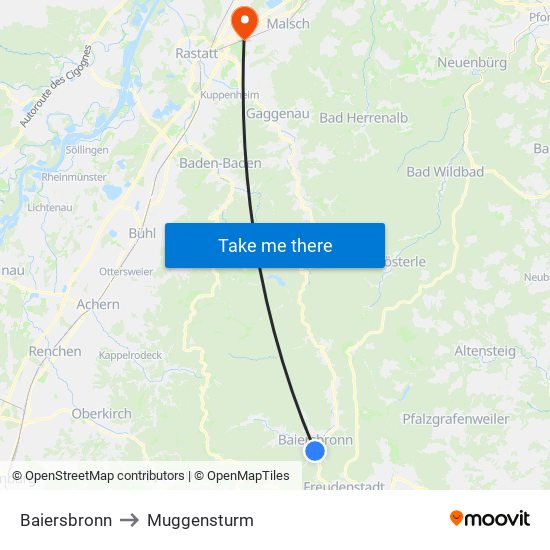 Baiersbronn to Muggensturm map