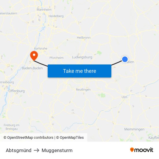 Abtsgmünd to Muggensturm map