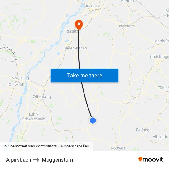 Alpirsbach to Muggensturm map