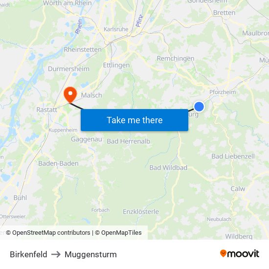 Birkenfeld to Muggensturm map