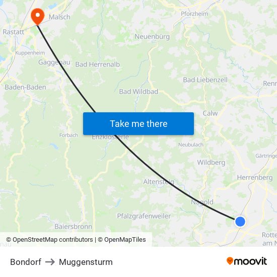 Bondorf to Muggensturm map