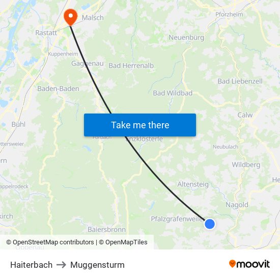 Haiterbach to Muggensturm map