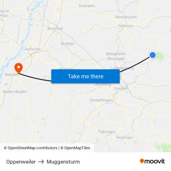Oppenweiler to Muggensturm map