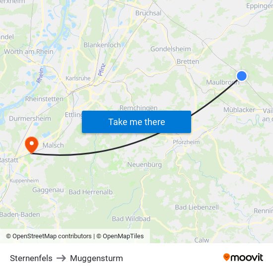 Sternenfels to Muggensturm map