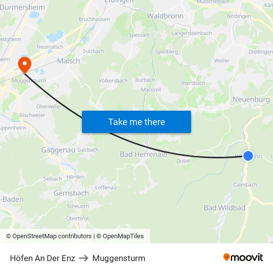 Höfen An Der Enz to Muggensturm map