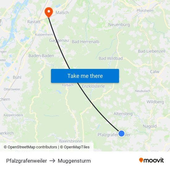 Pfalzgrafenweiler to Muggensturm map