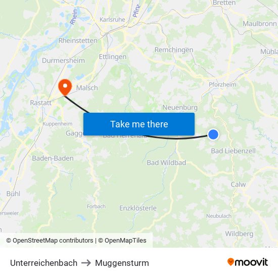 Unterreichenbach to Muggensturm map