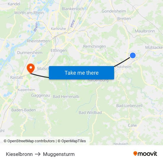 Kieselbronn to Muggensturm map