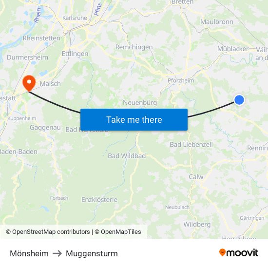 Mönsheim to Muggensturm map
