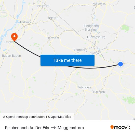 Reichenbach An Der Fils to Muggensturm map