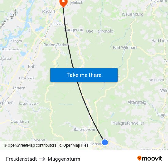 Freudenstadt to Muggensturm map