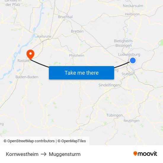 Kornwestheim to Muggensturm map