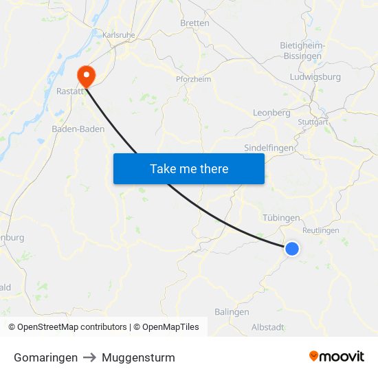 Gomaringen to Muggensturm map