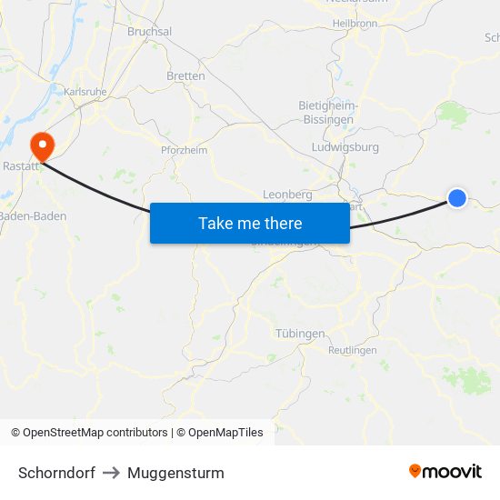 Schorndorf to Muggensturm map
