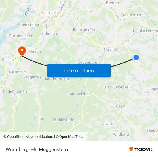 Wurmberg to Muggensturm map