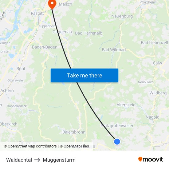 Waldachtal to Muggensturm map