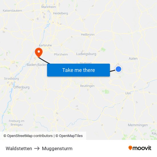 Waldstetten to Muggensturm map