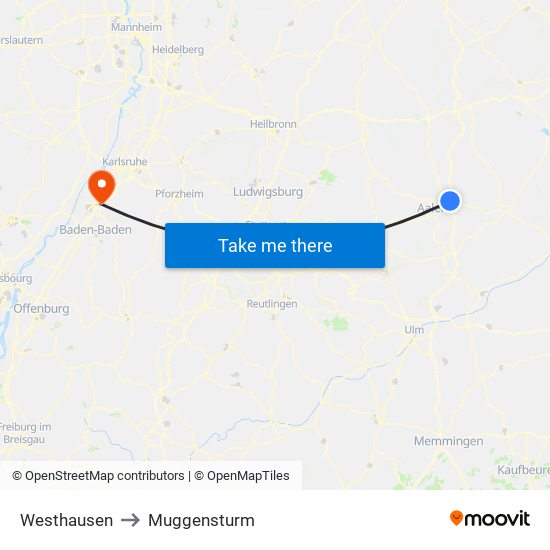Westhausen to Muggensturm map