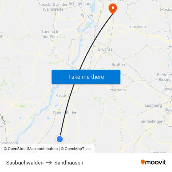 Sasbachwalden to Sandhausen map