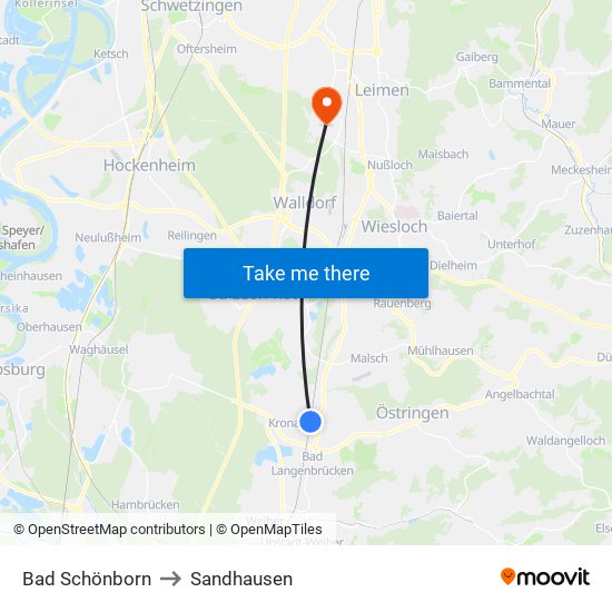 Bad Schönborn to Sandhausen map