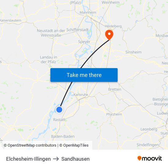 Elchesheim-Illingen to Sandhausen map