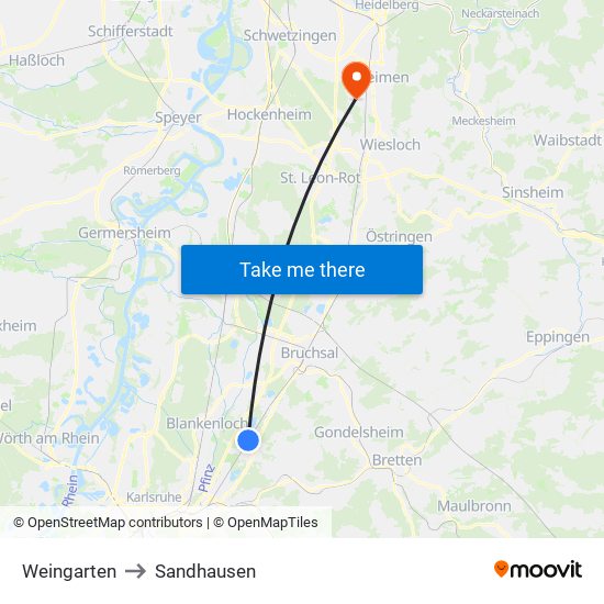 Weingarten to Sandhausen map