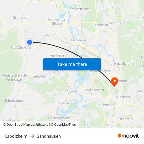 Erpolzheim to Sandhausen map