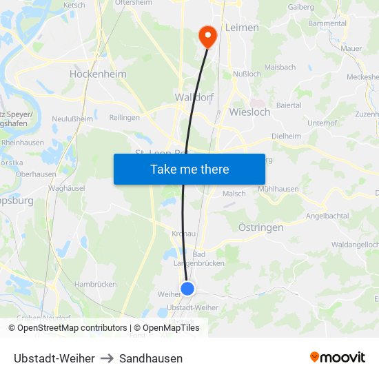 Ubstadt-Weiher to Sandhausen map