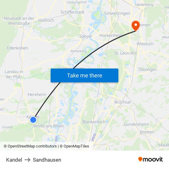 Kandel to Sandhausen map