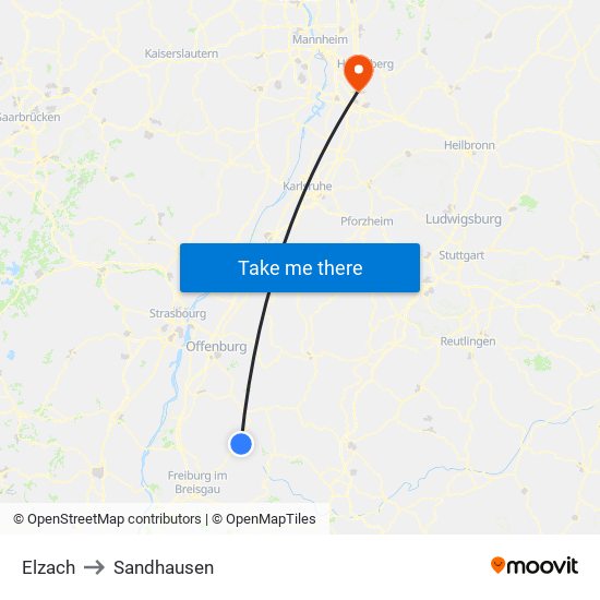 Elzach to Sandhausen map