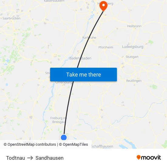 Todtnau to Sandhausen map