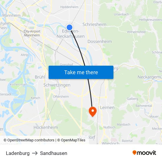 Ladenburg to Sandhausen map