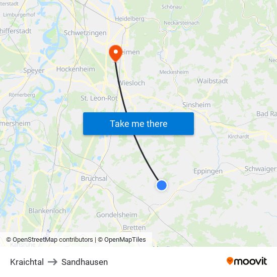 Kraichtal to Sandhausen map