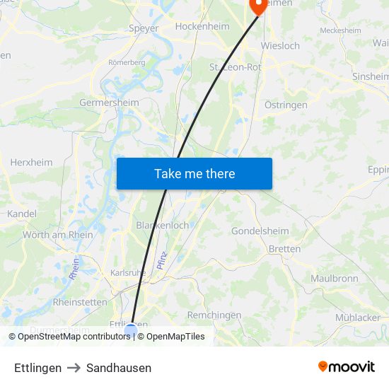 Ettlingen to Sandhausen map