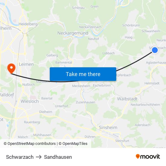 Schwarzach to Sandhausen map