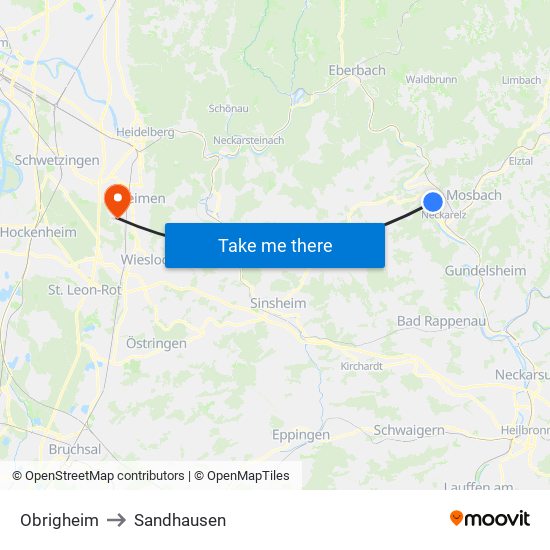 Obrigheim to Sandhausen map