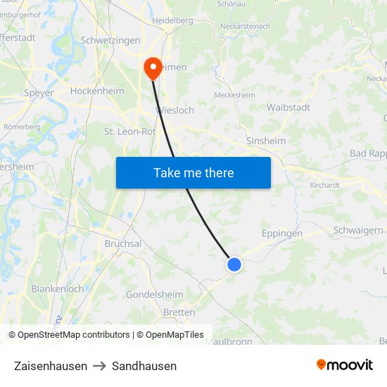 Zaisenhausen to Sandhausen map