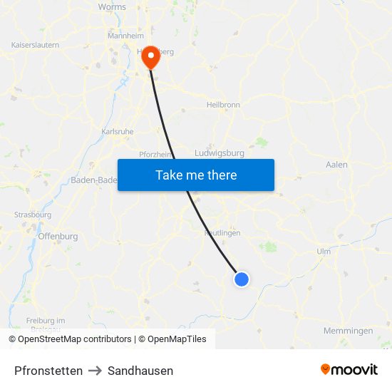 Pfronstetten to Sandhausen map