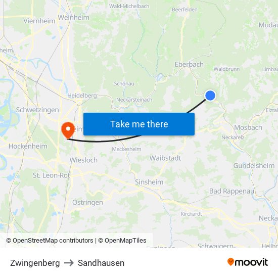 Zwingenberg to Sandhausen map