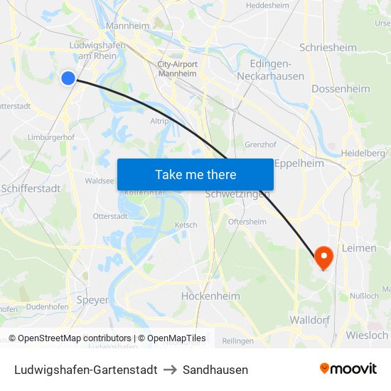 Ludwigshafen-Gartenstadt to Sandhausen map
