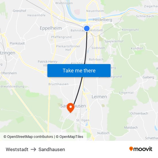 Weststadt to Sandhausen map