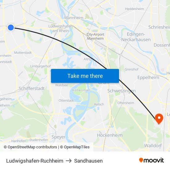 Ludwigshafen-Ruchheim to Sandhausen map