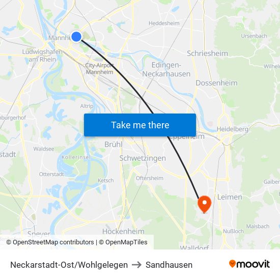 Neckarstadt-Ost/Wohlgelegen to Sandhausen map