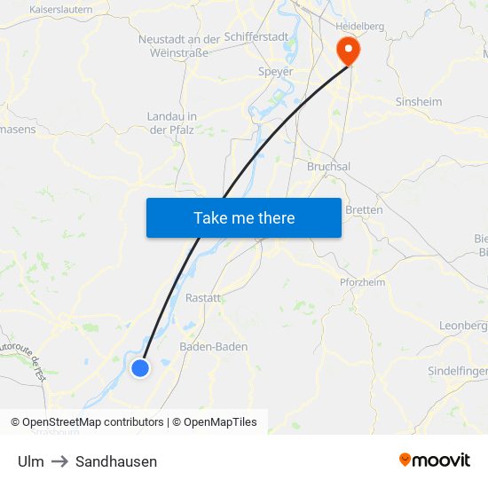 Ulm to Sandhausen map